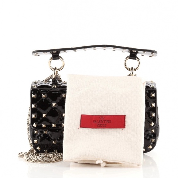 Valentino Black Rockstud Spike Flap Bag Quilted Patent Leather Small - Picture 2 of 15